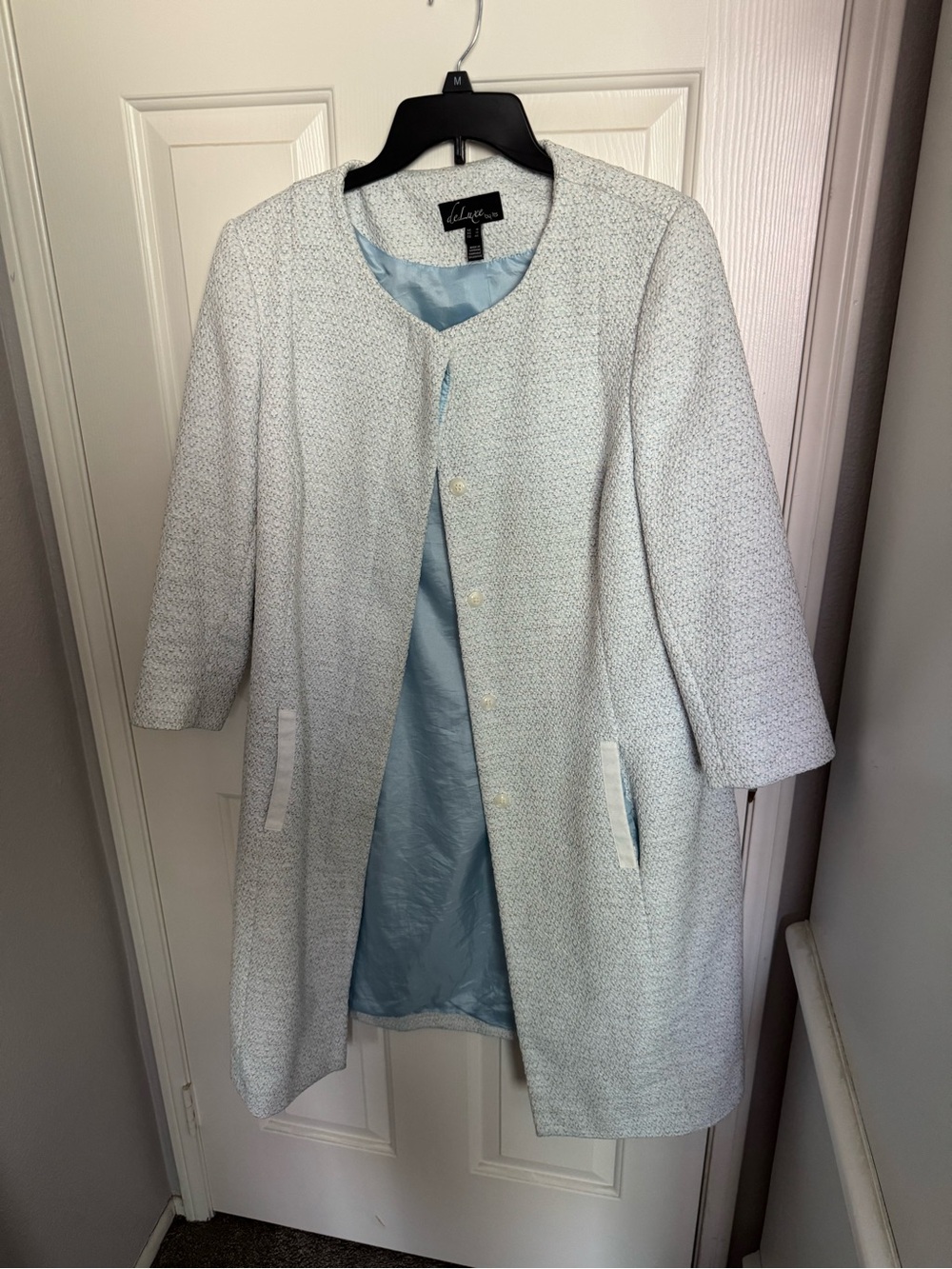 Collarless Light Blue Textured Trench Coat by Valerie Stevens